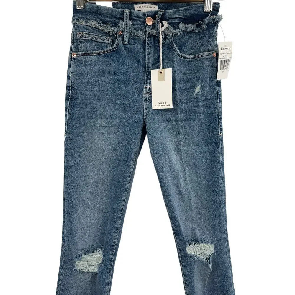 Good American Good Legs Under Fray Waistband High Rise Skinny Jeans Size 00 - Picture 3 of 13